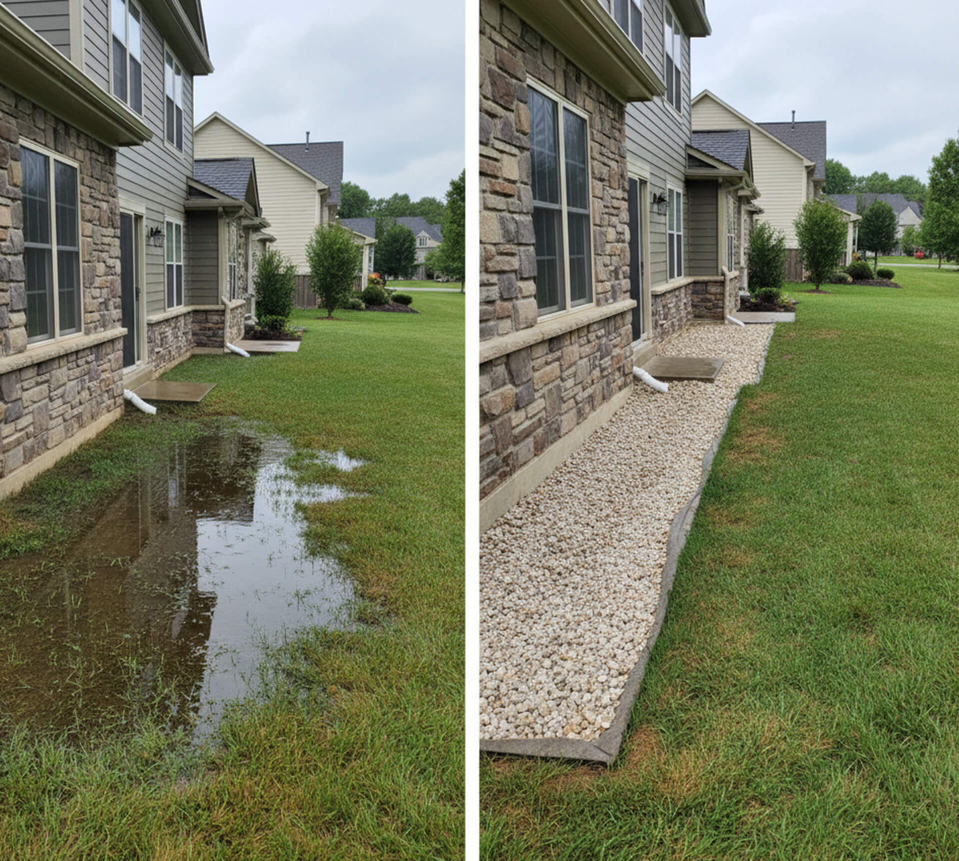 Before and after images of a French drain installation, showing waterlogged lawn on the left and a dry, gravel-covered drainage area on the right.