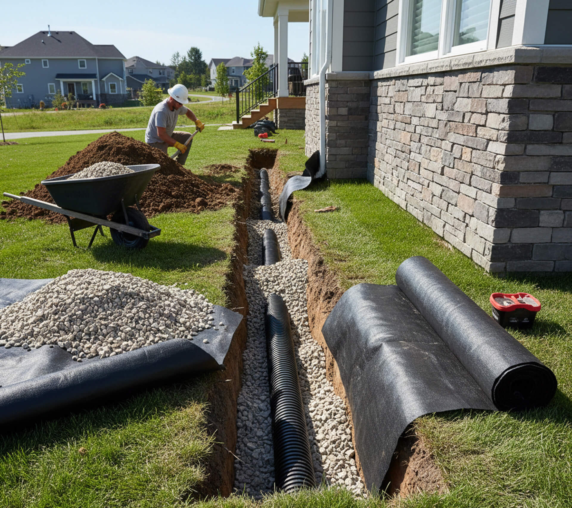 French drain installation in progress, featuring a trench with perforated pipe, gravel, and filter fabric, alongside a worker using a shovel and wheelbarrow, set in a residential lawn.