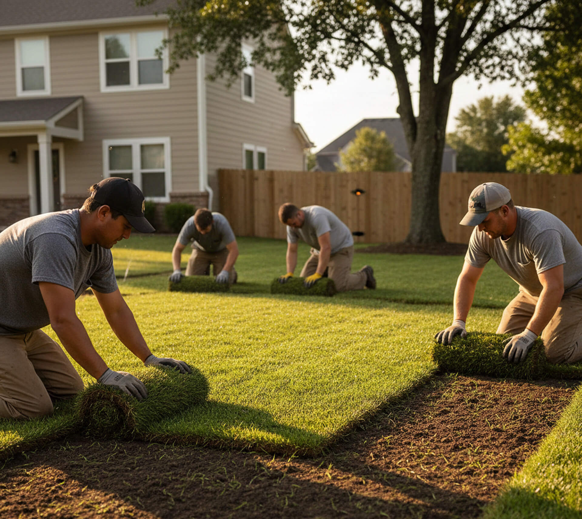 Lawn care professionals installing sod in a residential yard, demonstrating turf installation techniques for healthy grass growth and improved lawn appearance.