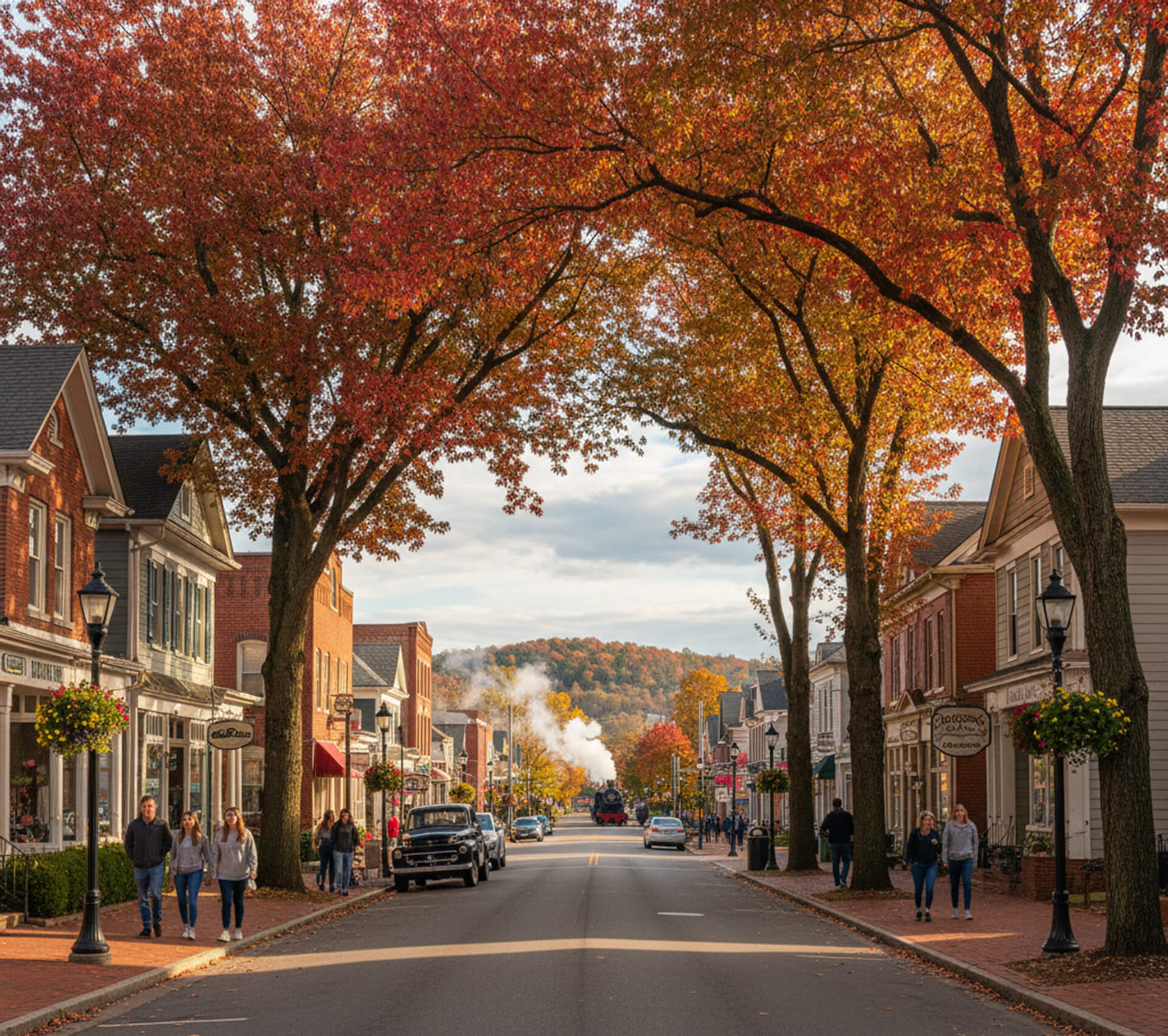 Autumn scene in Ashland, VA, featuring vibrant fall foliage, historic buildings, and pedestrians walking along a tree-lined street, with a steam train visible in the background.