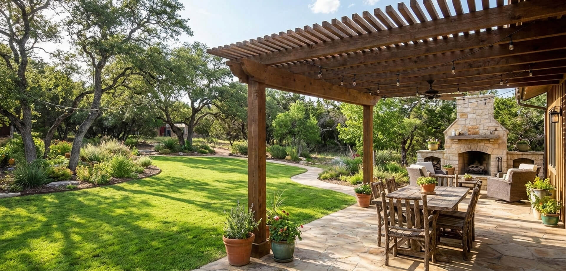 Outdoor patio area with wooden dining table, stone fireplace, and lush green lawn surrounded by trees and decorative plants, showcasing landscaping design in Ashland, VA.