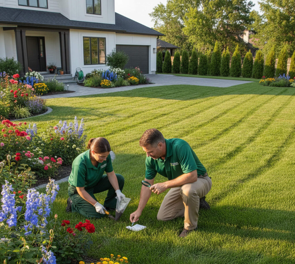 Landscaping professionals in green uniforms assessing flower beds and lawn care in a well-maintained residential garden in Hanover, VA.