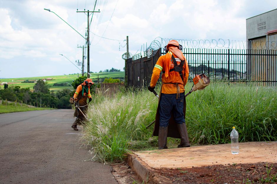 Landscaper trimming grass with brush cutter, professional lawn care in Richmond VA.