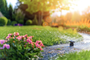 New lawn in Richmond VA watered by a sprinkler on a sunny morning with lush green grass and flowers.
