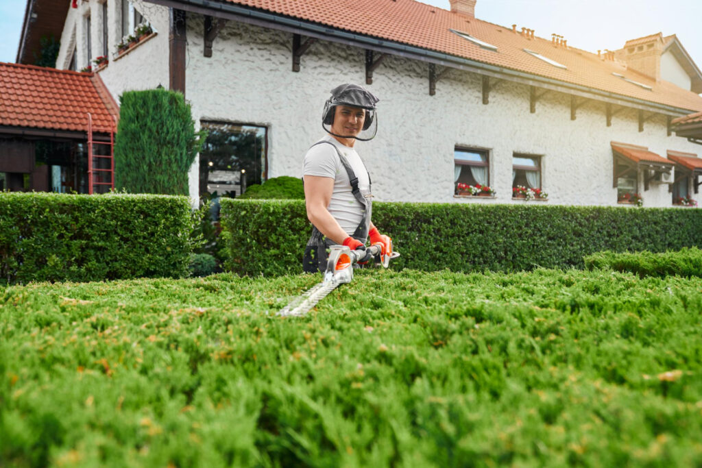 Professional landscaper trimming hedges during new lawn care in Richmond VA at a beautifully maintained residential property.