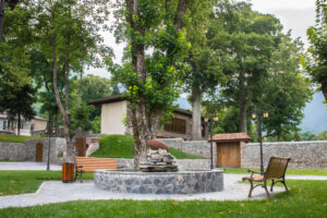 Stone paver patio with outdoor seating, fire pit, and lush landscaping for a Richmond VA backyard.