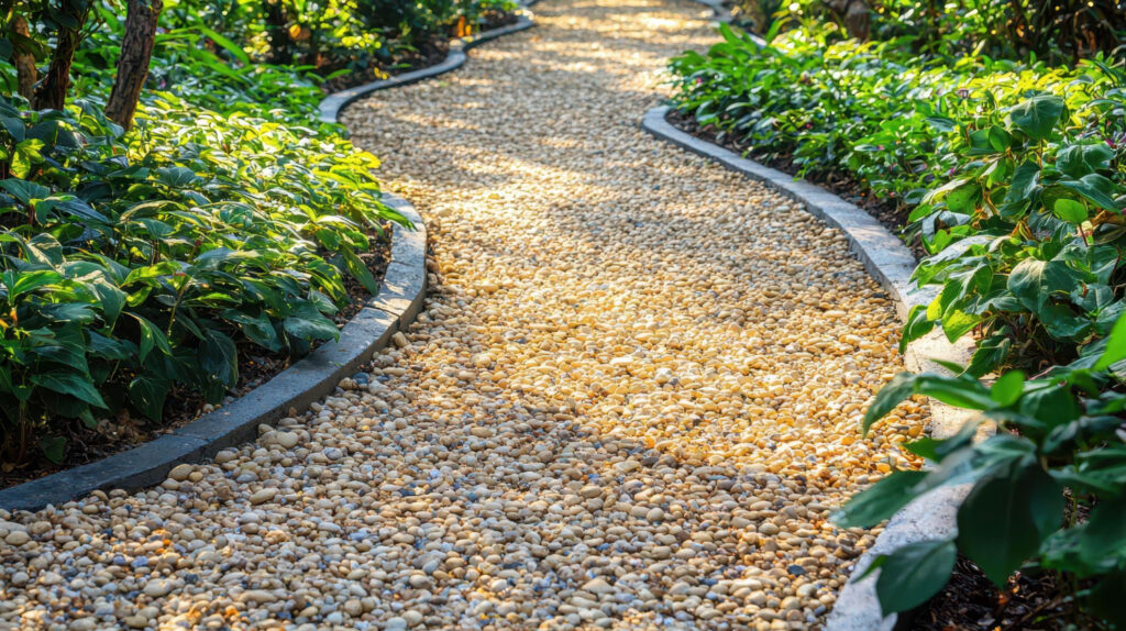 Gravel driveway installation with a stone surface bordered by lush landscaping and greenery around a residential setting