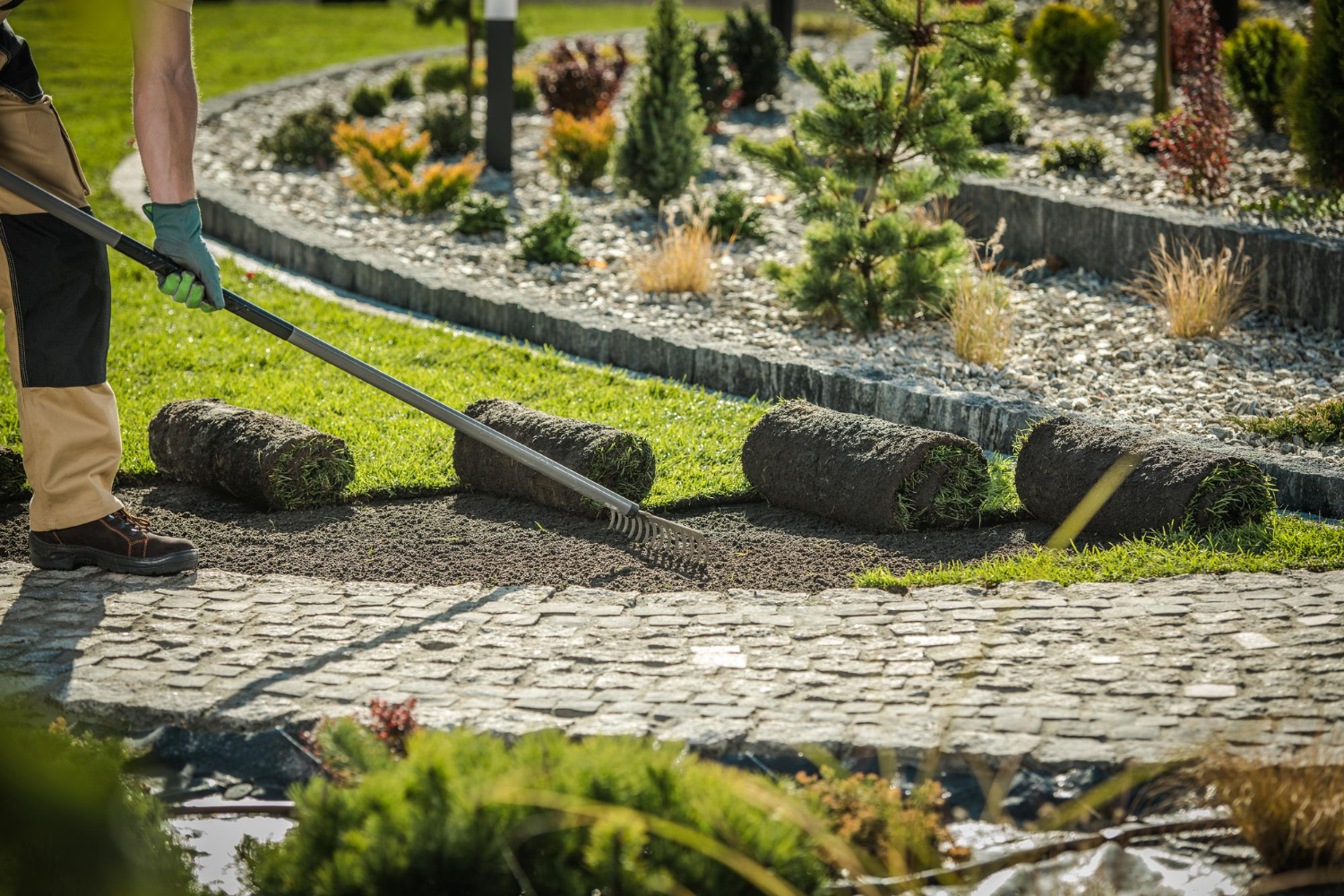 Landscaping professional preparing soil and installing sod in a residential yard for a healthy lawn.