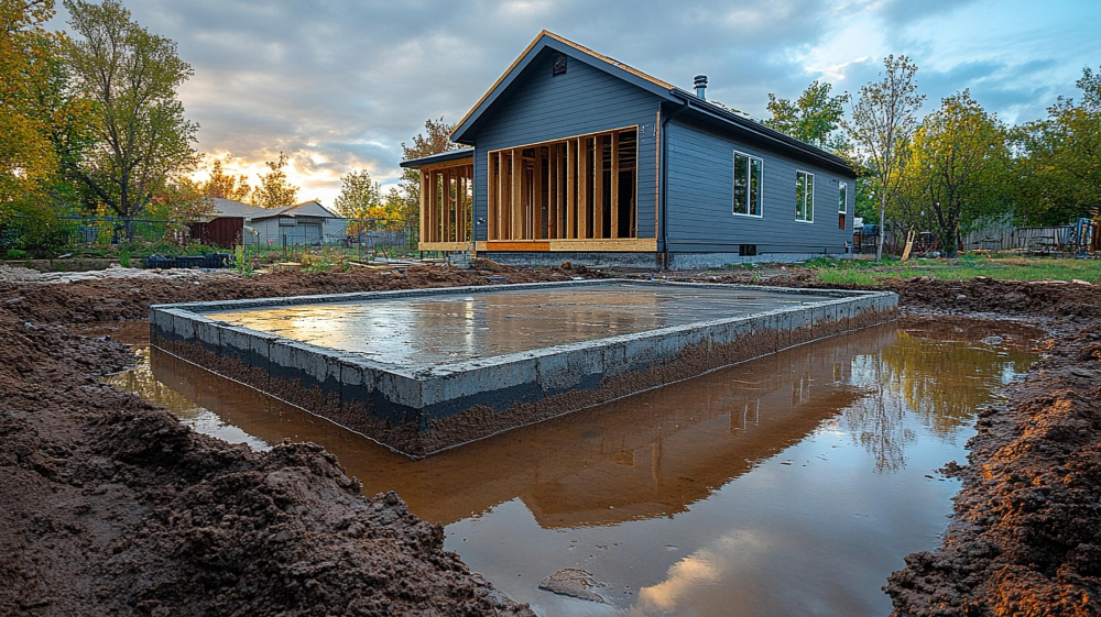 Residential house with standing water around a wet concrete foundation after heavy rain, showing poor yard drainage.
