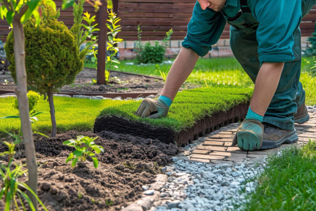 Residential landscaping professional installing fresh sod to improve the yard’s appearance and drainage.