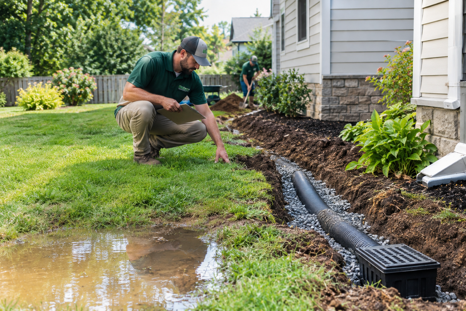 Professional yard drainage installation with a French drain and catch basin to manage standing water in a residential lawn.