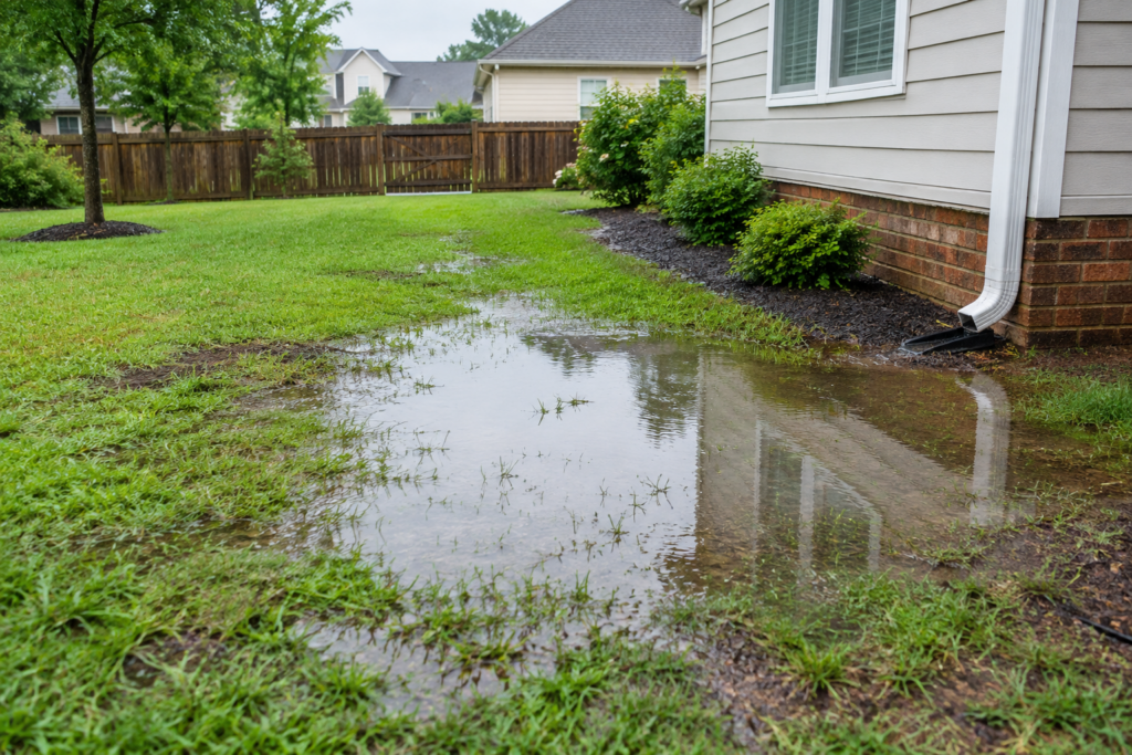 Residential yard with standing water and soggy grass after heavy rain, showing poor drainage near the house foundation.