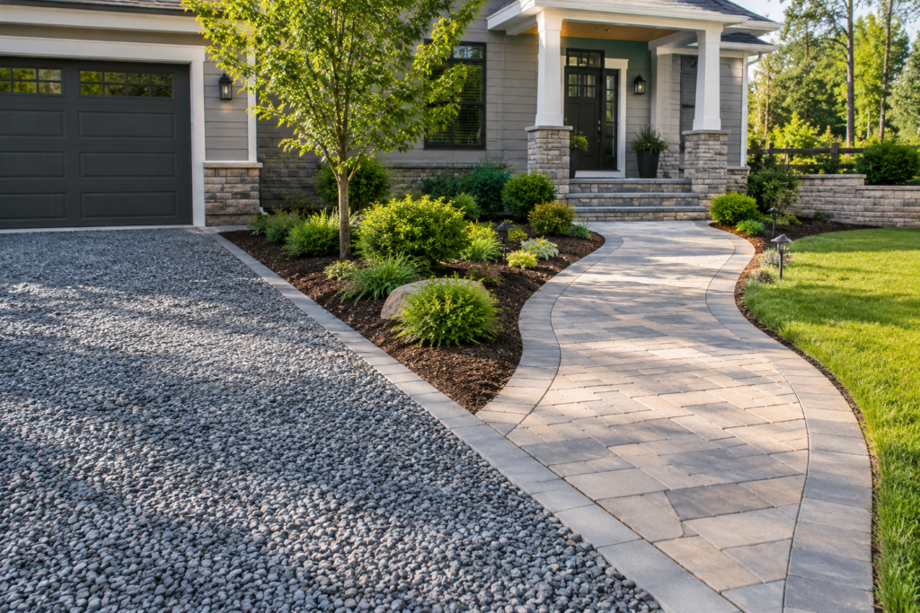 Outdoor construction with a gravel driveway, paver walkway, landscaped yard, and residential home in Richmond, VA.