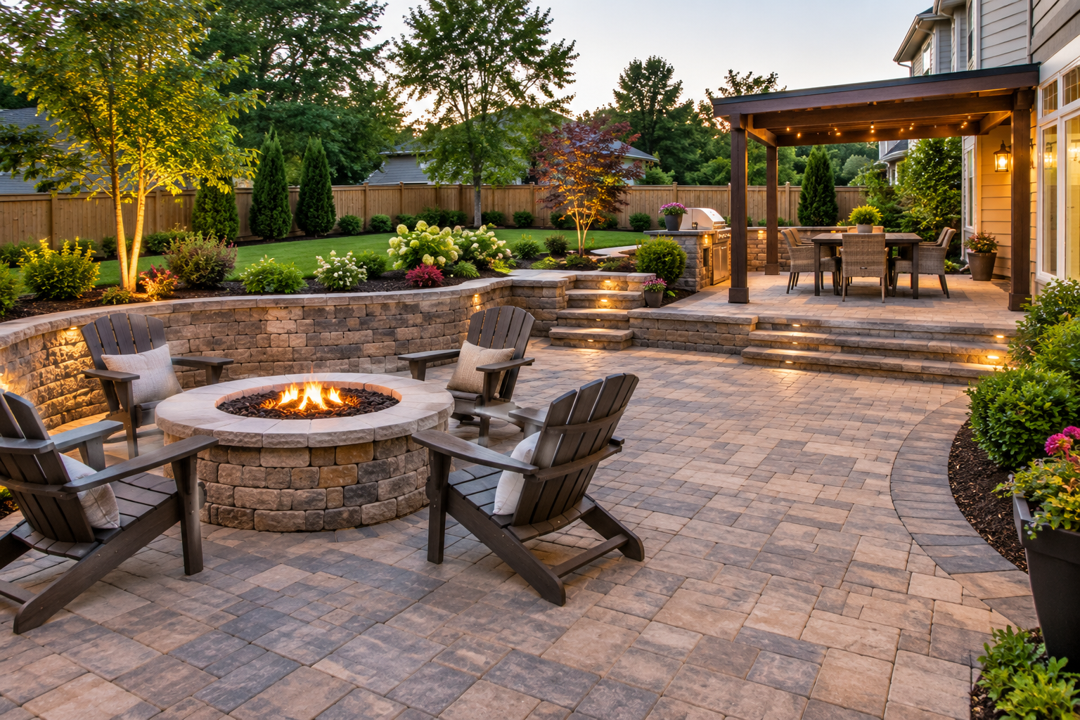 Backyard patio with a stone retaining wall, fire pit, seating area, and landscaped garden.