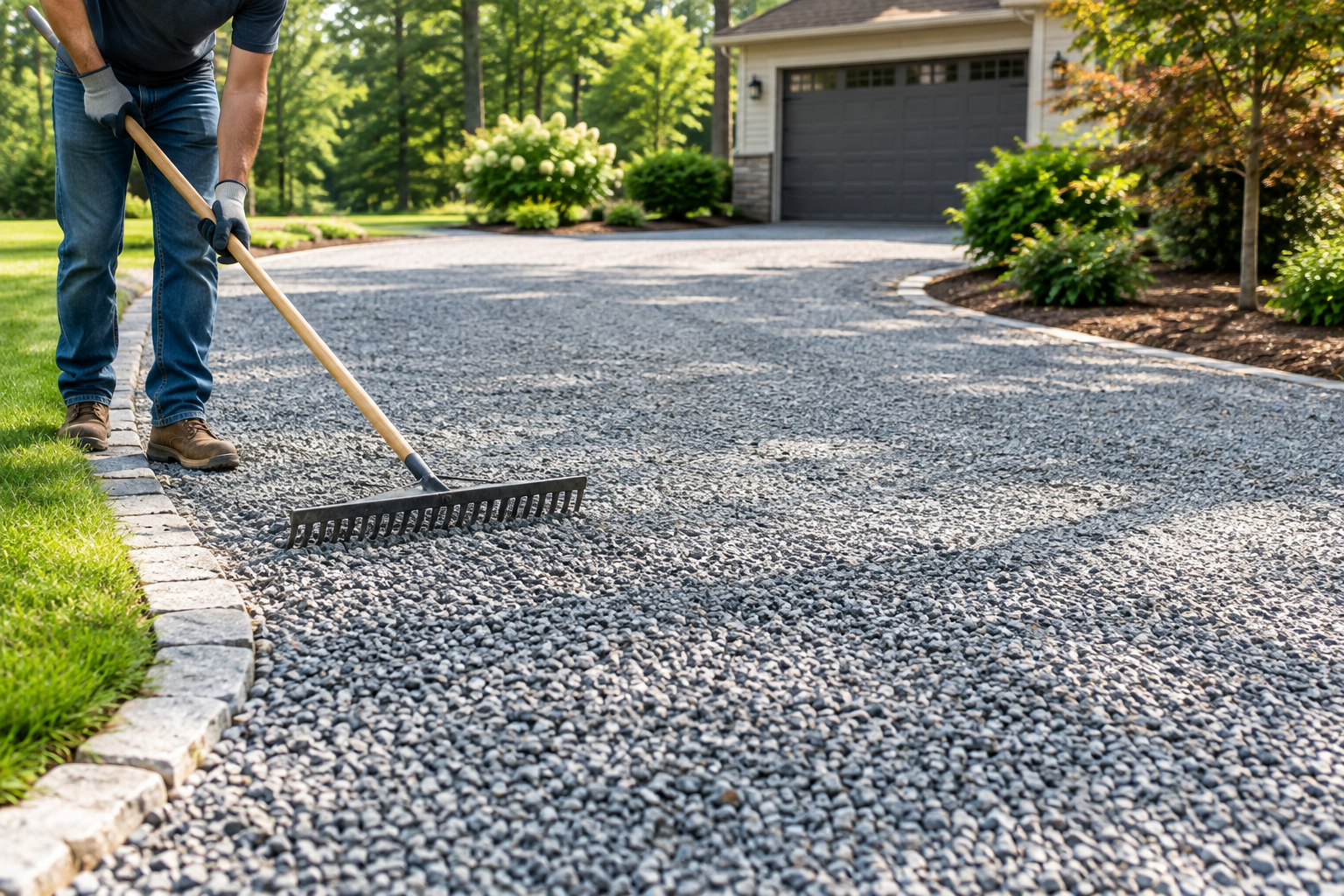 Gravel driveway maintenance with a worker raking and leveling a residential driveway to keep the surface smooth and even