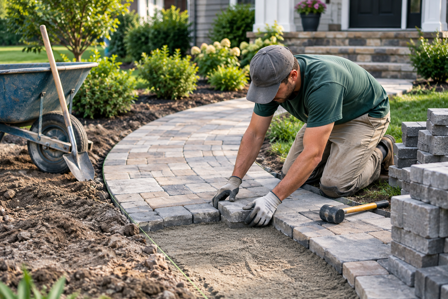 Paver walkway installation with landscaper laying stone blocks along a curved residential garden path in Richmond VA.