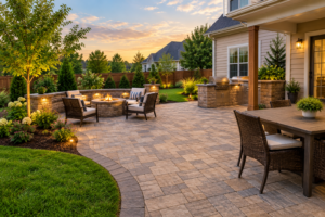Residential paver patio in Richmond VA with outdoor seating, fire pit, landscaping, and backyard living area.
