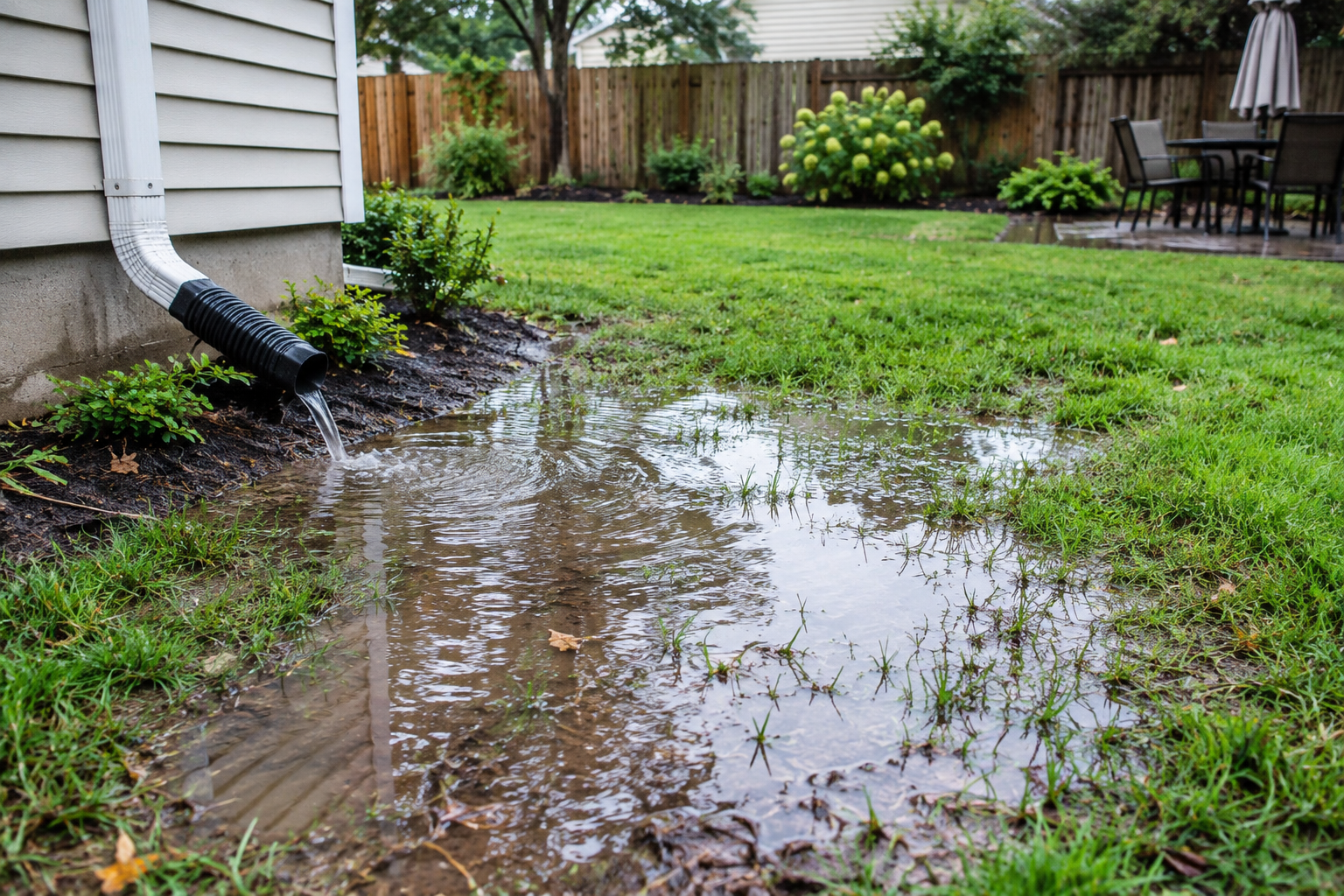 Water pooling in a backyard near a home after rain, showing a drainage problem and wet, waterlogged lawn.